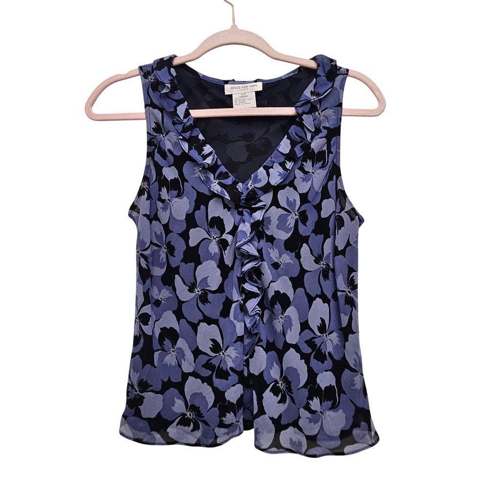 Jones‎ New York Silk Blouse Womens 12P Blue Floral Ruffle Sleeveless Shell Top
